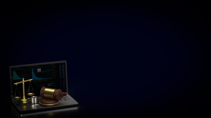 Фотография весы на ноутбуке для юридической концепции 3d-рендерирования