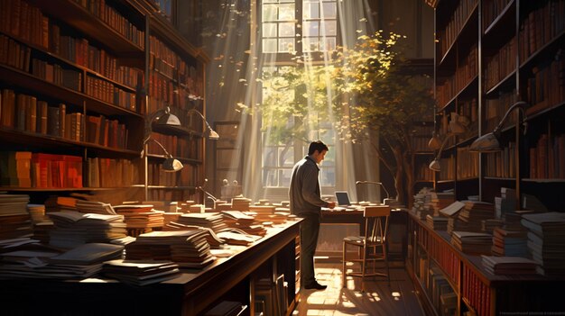 A librarian shelving books in a quiet sunlit library