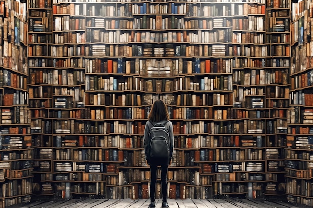 広大な本の壁の前に立っている図書館員