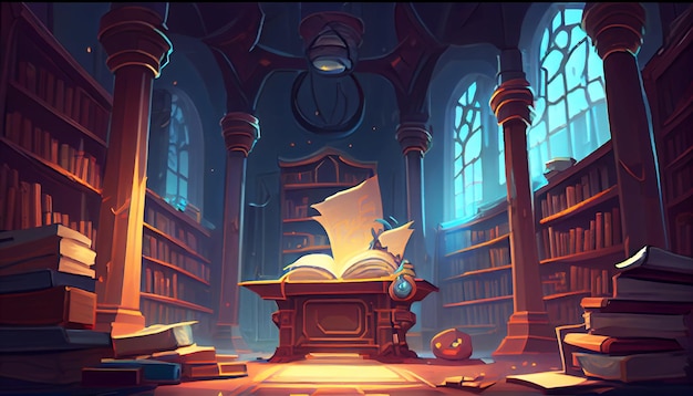 Library 2D background environment for a mobile game A high quality horizontal background landscape Gaming template design location Generative ai