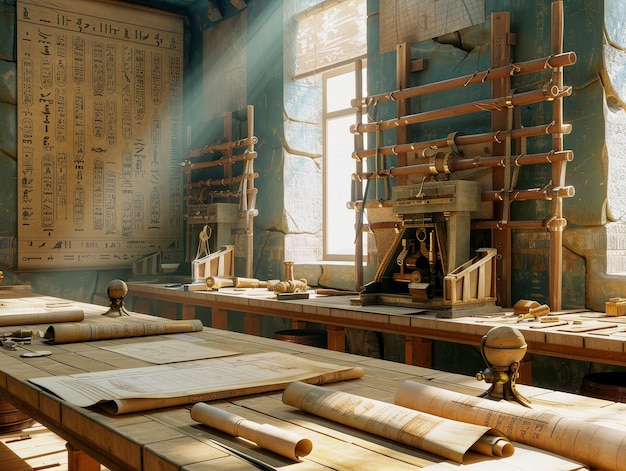 Library of Alexandria Papyrus scrolls Lost inventions An inventor discovering a hidden workshop