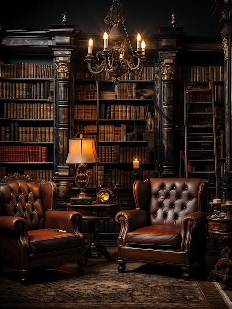 Library Backdrop Bookshelf Background Wingback Chair Antique Creative Design Live Stream Background