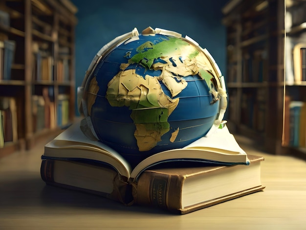 도서관 배경 책에 싸인 지구를 열린 책 위에 놓습니다.