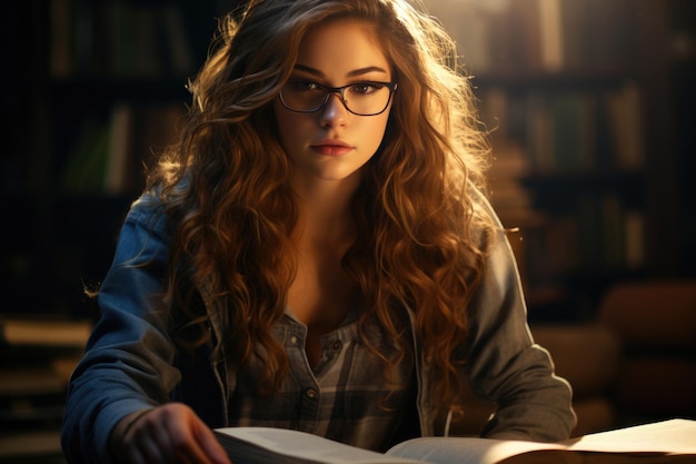 Library fascination a girl with glasses intellectual charisma emanating engrossed in the enchanting stories within the pages exploring literary wonders