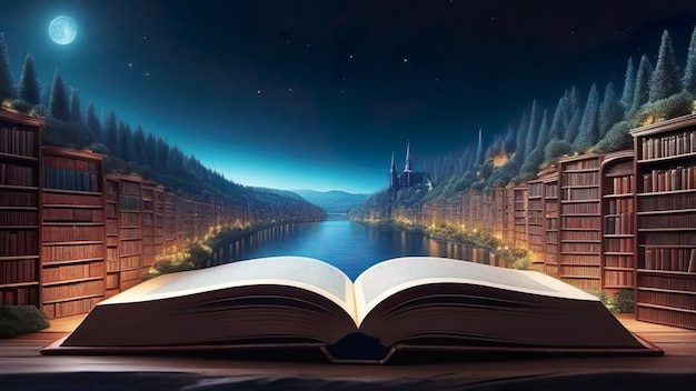 In the library of imagination a book unfolds a world of fantasy and magic