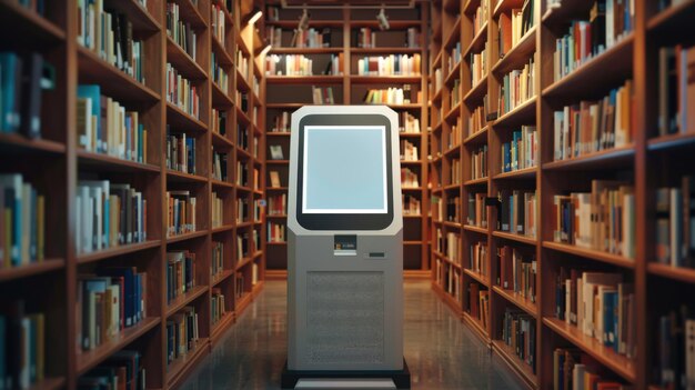 Library information kiosk mockup among bookshelves ai created