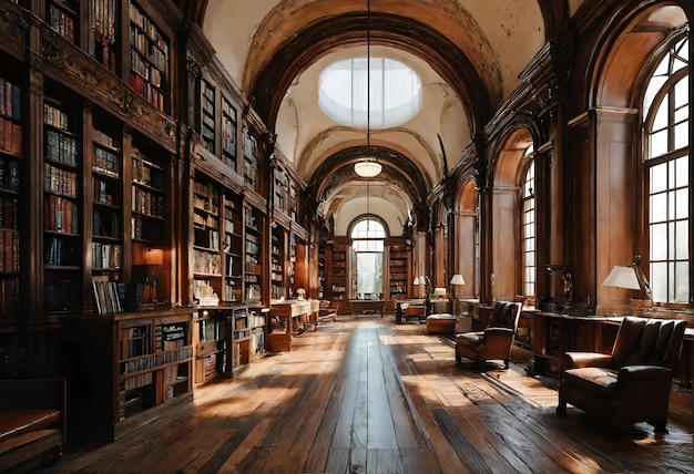 本棚とステンドグラスウィンドウを持つ図書館のインテリア