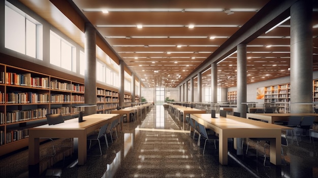 Интерьер библиотеки с длинными столами, стульями и тихой атмосферой, созданной искусственным интеллектом