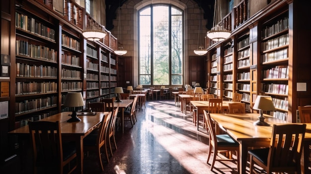 the library of the library is shown with a large window that is open to the sky.