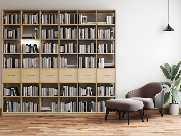 Library mockup room with wooden bookshelves, brown chair, palm leaf, and hanging lamp.