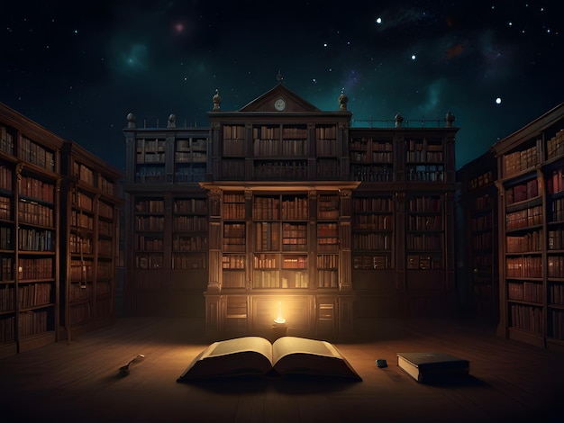 Library at night 3D Rendering Illustration