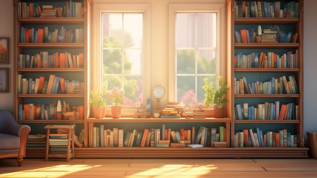 a library scene with rows of bookshelves