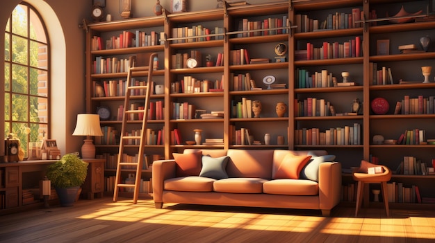 a library scene with rows of bookshelves