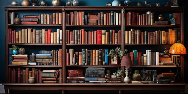 Photo a library shelf filled with books background