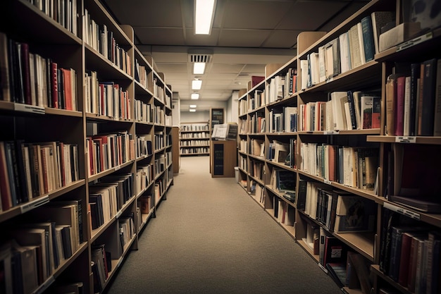 図書館の本と本棚のスタック 3D イラストが AI を生成
