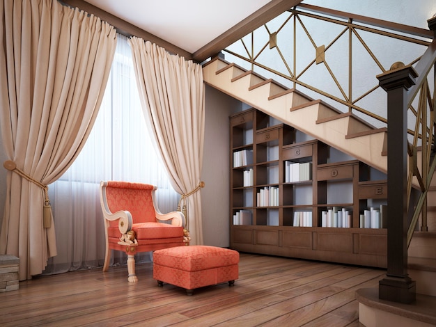 Library under the stairs with a red armchair in the English style. 3D rendering.