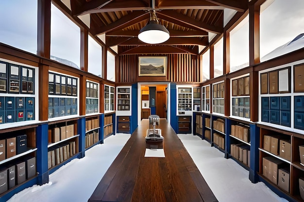 Photo a library with a blue door and a bookcase with a picture of a painting on the wall