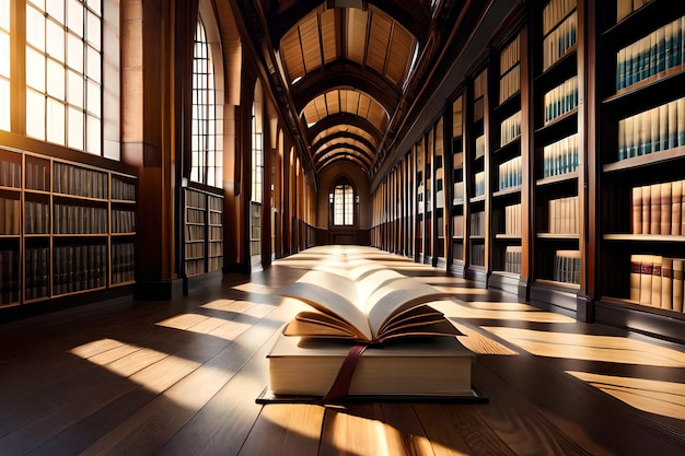 A library with a book on the floor