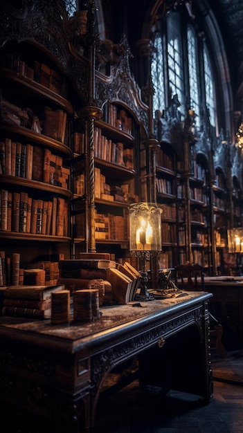 A library with a book shelf and a candle