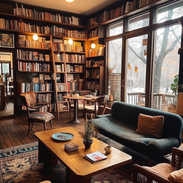 A library with a book shelf that has a book on it