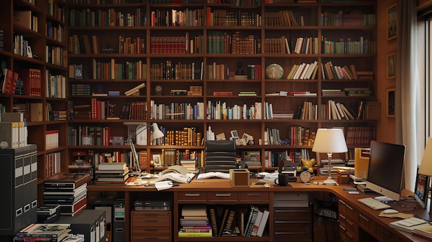 библиотека с книжным шкафом, полным книг и лампы