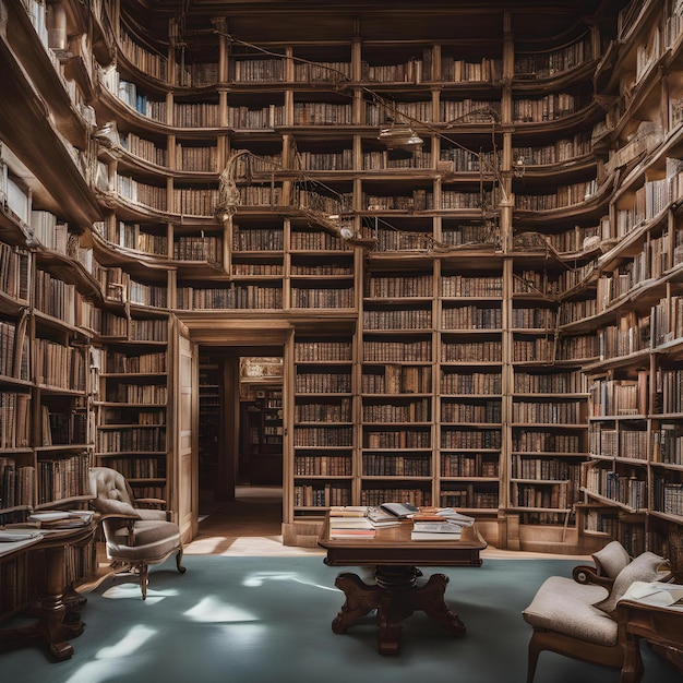 a library with a bookcase with a book on the top