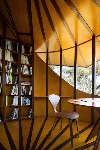 a library with a bookcase with a chair and a table with books on it
