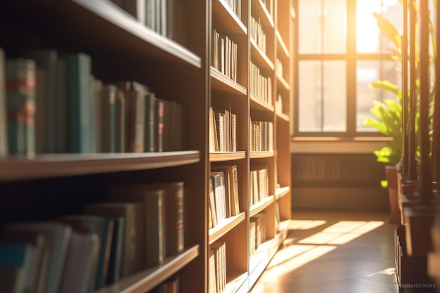 A library with books on the shelves and the sun shining through the window