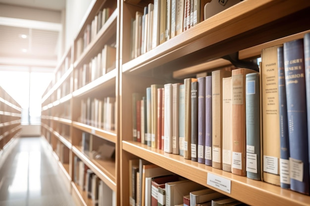 A library with books on shelves with the name " the library of the year " on the left.