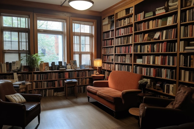 Library with bookshelves filled with different genres of books created with generative ai