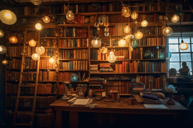 Foto una libreria con scaffali e una lampada con sopra la scritta 