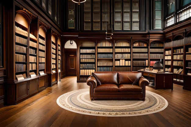 A library with a brown couch and a brown rug.