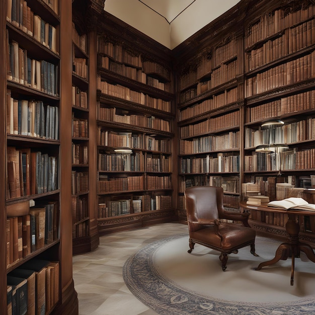 a library with a chair and a book on the floor