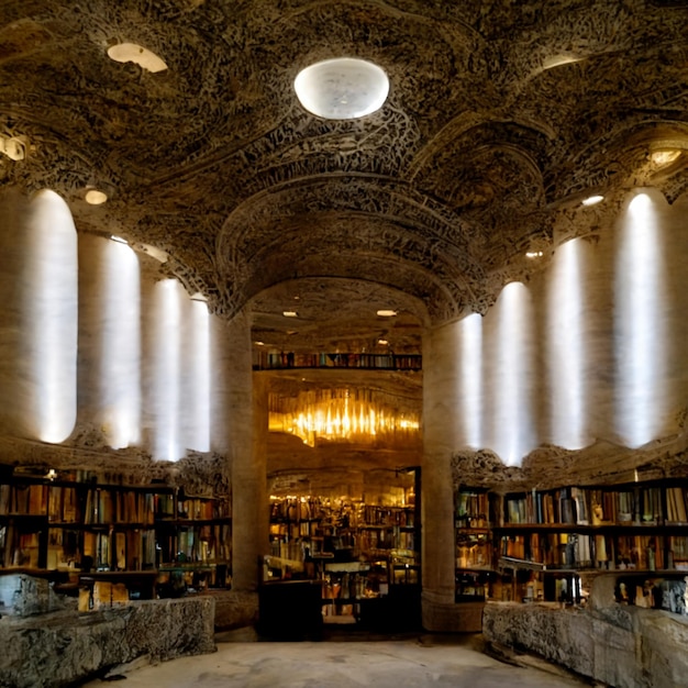 A library with a chandelier hanging from the ceiling