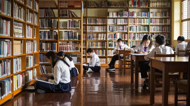 Photo a library with children sitting on the floor and a book called school