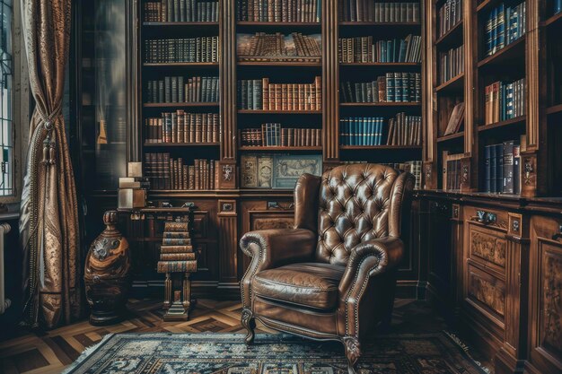 A library with a classic style and a leather armchair