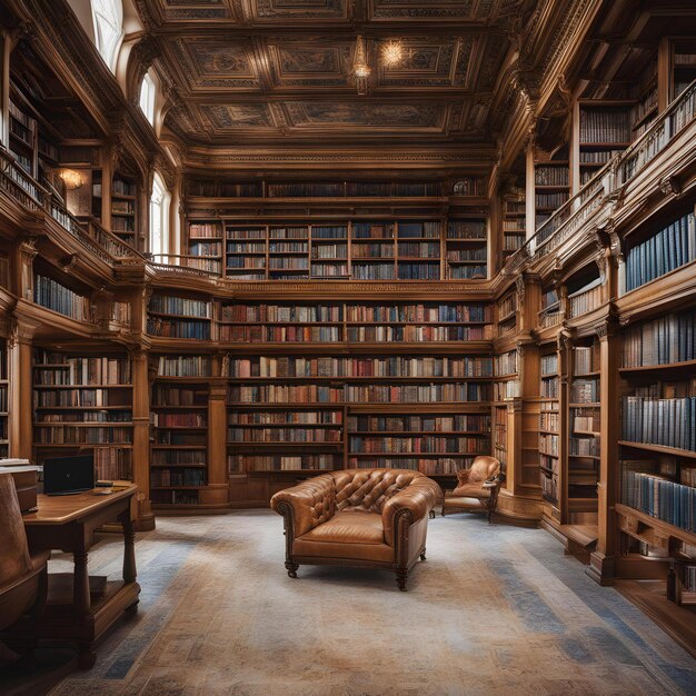 a library with a couch and a bookcase with a bookcase in the middle