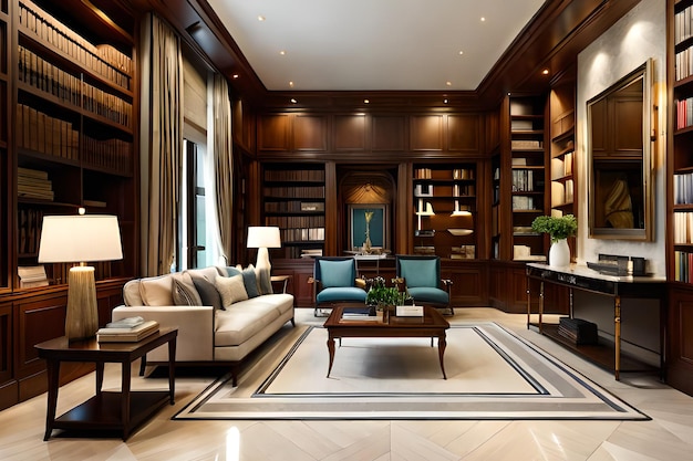 A library with a couch and a coffee table in it