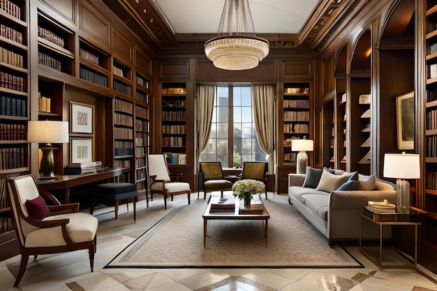 A library with a couch and a piano in front of a window