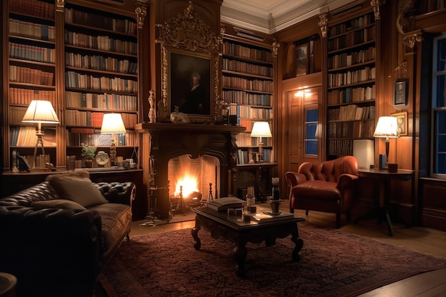A library with a fireplace and a fireplace with a picture of a man on the wall