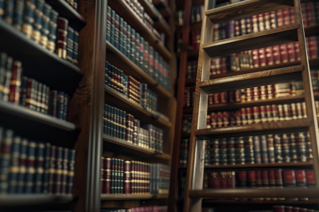 A library with a ladder leading to the top shelf