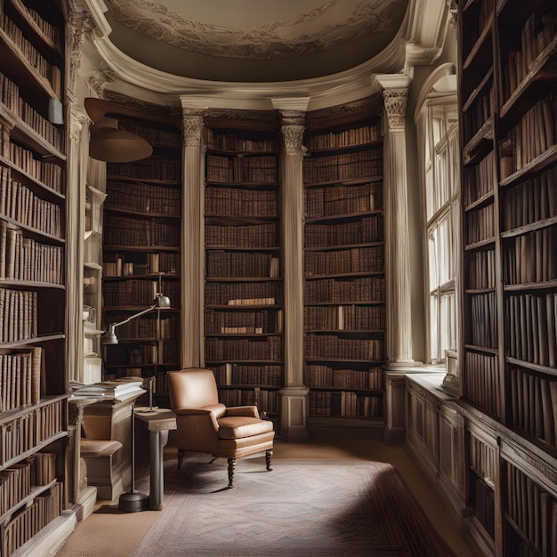 Photo a library with a lamp on the top of the bookshelf