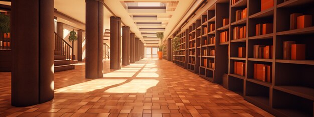 a library with a large book shelf and a tree on the left side