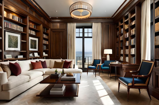 A library with a large couch and a table with a lamp on it.