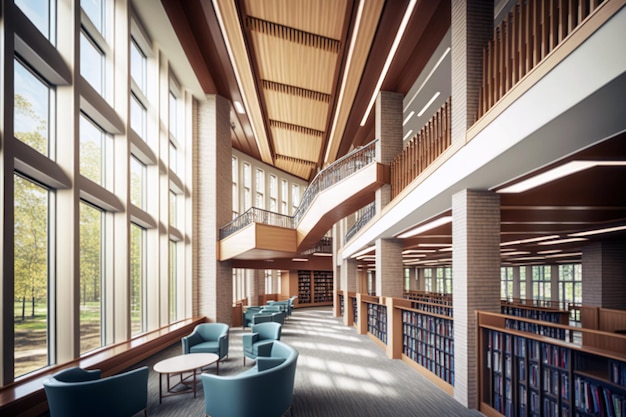 A library with a large window that says " the word library " on it.