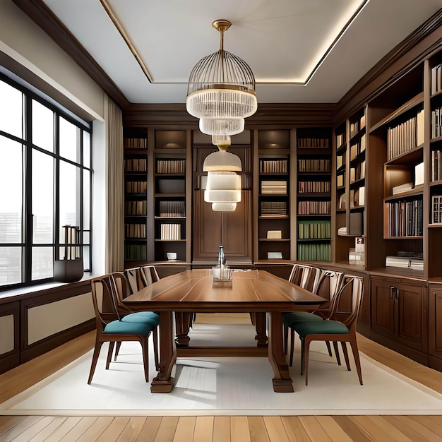 A library with a large wooden table and chairs with a large chandelier hanging from the ceiling.