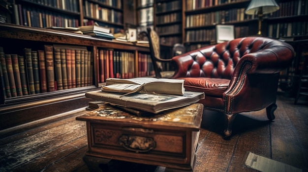 A library with a leather chair and a bookcase with a book on it.