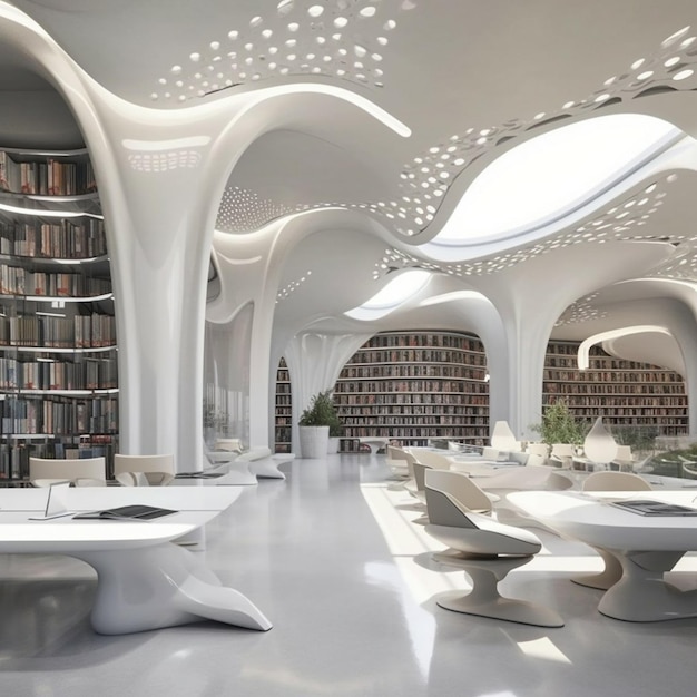 Библиотека с большим количеством книг и книжной полкой с белым потолком.