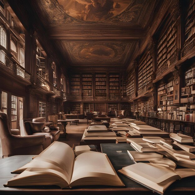 Photo a library with many books and a ceiling painted with a painting of a sky above it