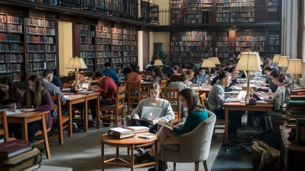 Photo a library with many books and one person reading a book
